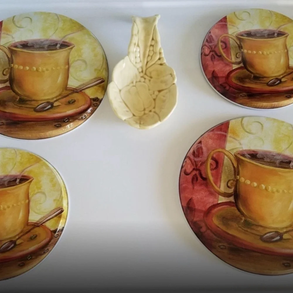 Stove Range Covers Coffee Themed Metal Round Set of 4 Gold Multicolor